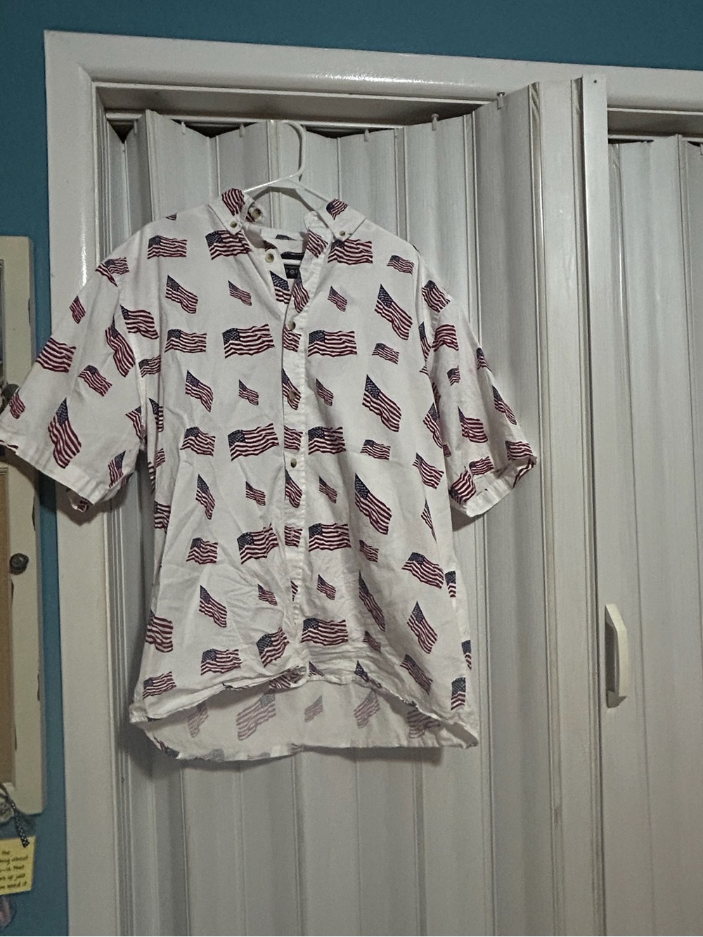Men's White Short-Sleeve Button-Down Shirt with American Flag Print